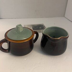 Stoneware Sugar & Creamer Set – Brown & Sage Green Glaze/Red Wing Pottery Style